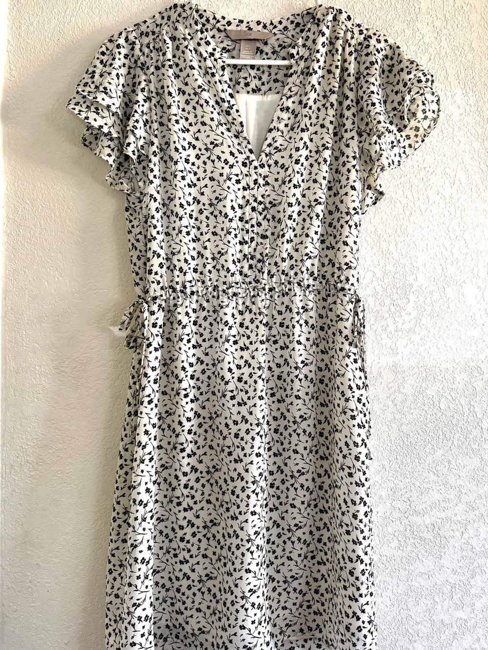 H&M Cream Midi Dress with Black Floral Print